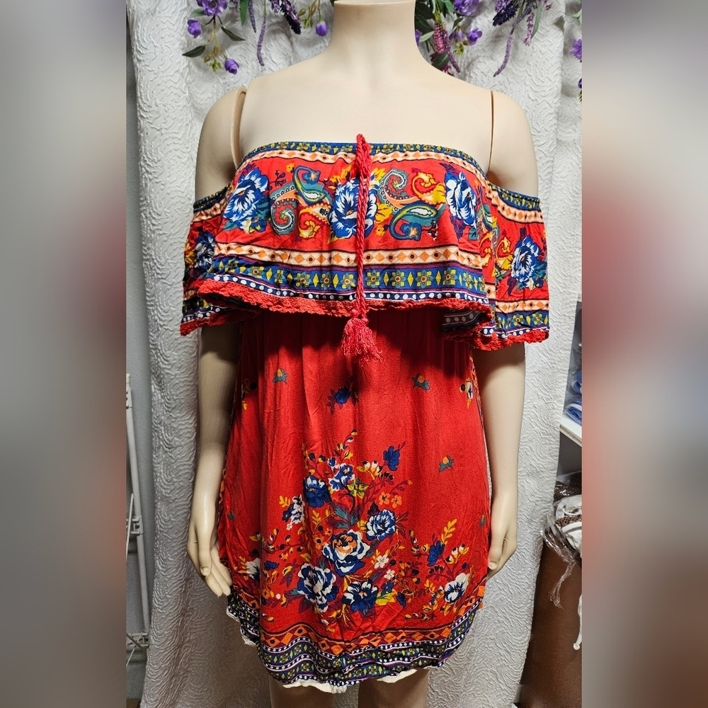 Flying Tomato Red Off-Shoulder Ruffled Blouse